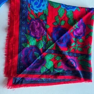 Vintage Challis By Berkshire Scarf  Red Floral 30" Square Acrylic Fringed